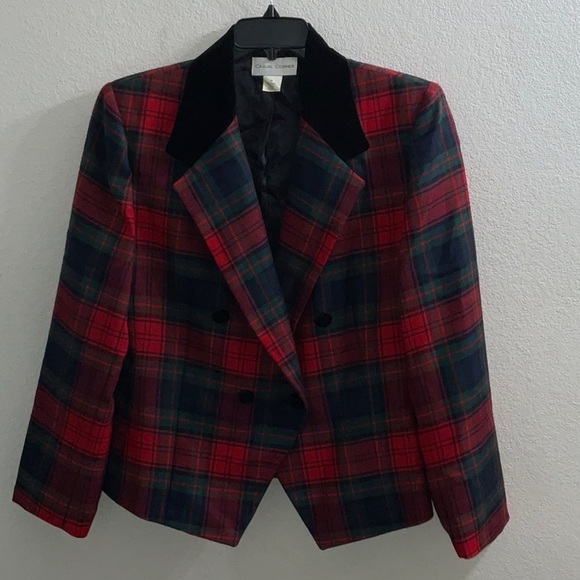 Vintage Casual Corner Holiday Tartan Plaid Blazer Black Velvet Collar sz 14 - Picture 1 of 7